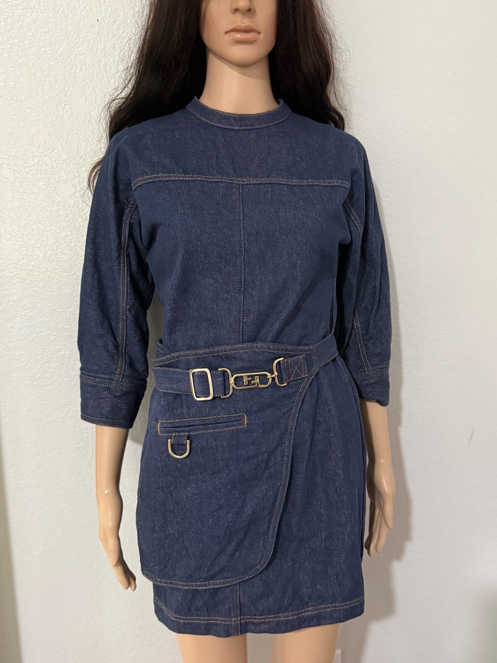 Fendi Dark Blue Denim Crew-Neck Belted Mini Dress - Picture 4 of 13